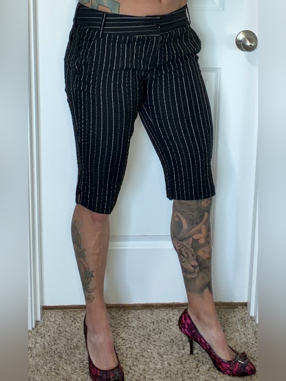 Black Pinstripe Knee-Length Women's Shorts